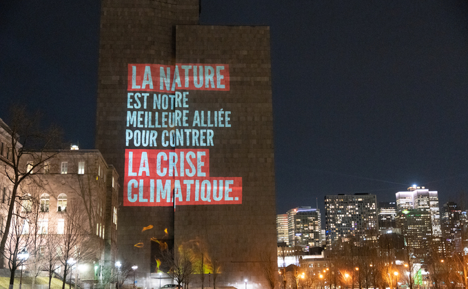 A light display projected on Montreal's Palais de Justice | Credit: Holly Chapman, WWF A light display projected on Montreal's Palais de Justice | Credit: Holly Chapman, WWF