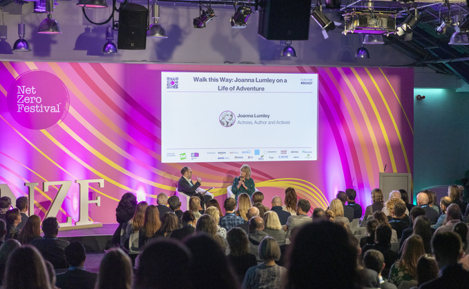 Joanna Lumley being interviewed on stage at the close of the Net Zero Festival 2023 Joanna Lumley being interviewed on stage at the close of the Net Zero Festival 2023
